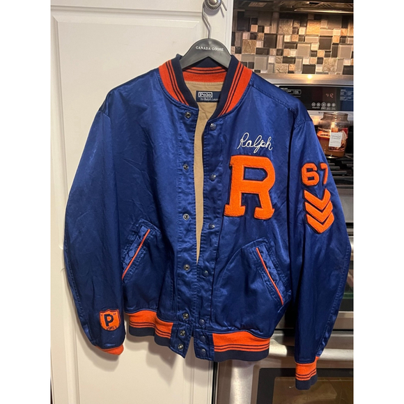 Polo Ralph Lauren Varsity Bomber Satin Jacket Mens Medium Blue Chenille - Picture 3 of 11